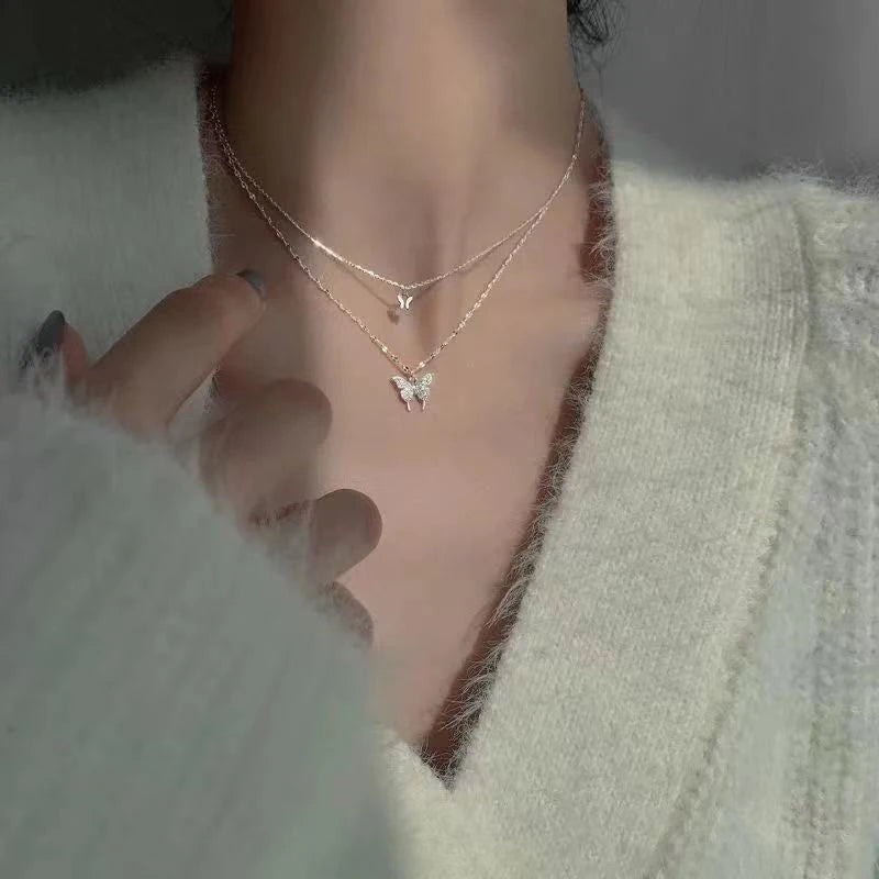 New Shiny Butterfly Necklace Ladies Exquisite Double Layer Clavicle Chain Necklace Jewelry for Ladies Gift