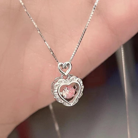 Korea Pink Crystal Pendant Heart Necklace for Women Girls Chain Cute Love Simple Necklaces Fashion Jewelry Gifts