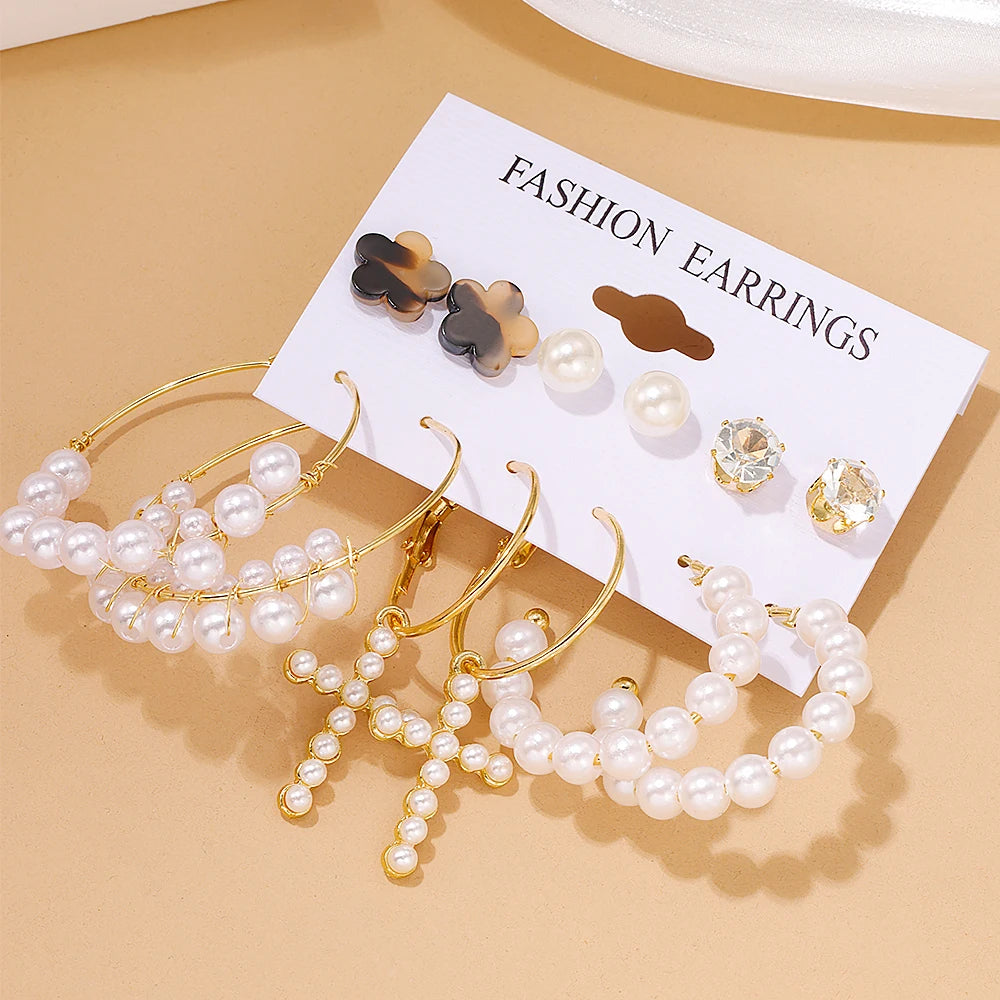 6 pairs delicate alloy earrings with imitation pearl design, retro elegant style, suitable gifts for women