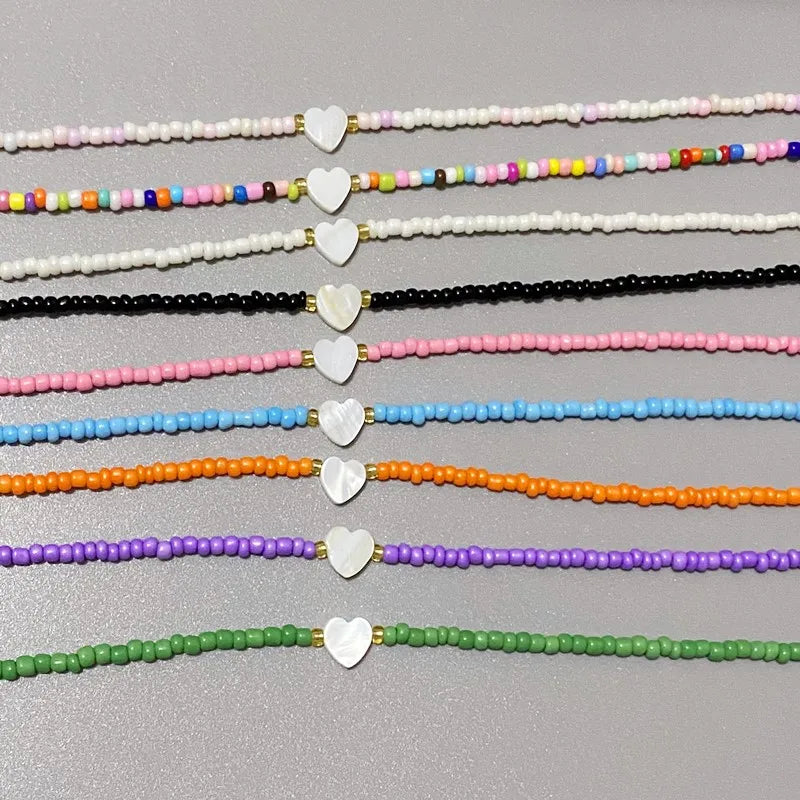 New Nature Shell Love Heart Choker Necklace for Girl Spring Summer Fashion Small Colorful Glass Beads Necklace Gift for Friend