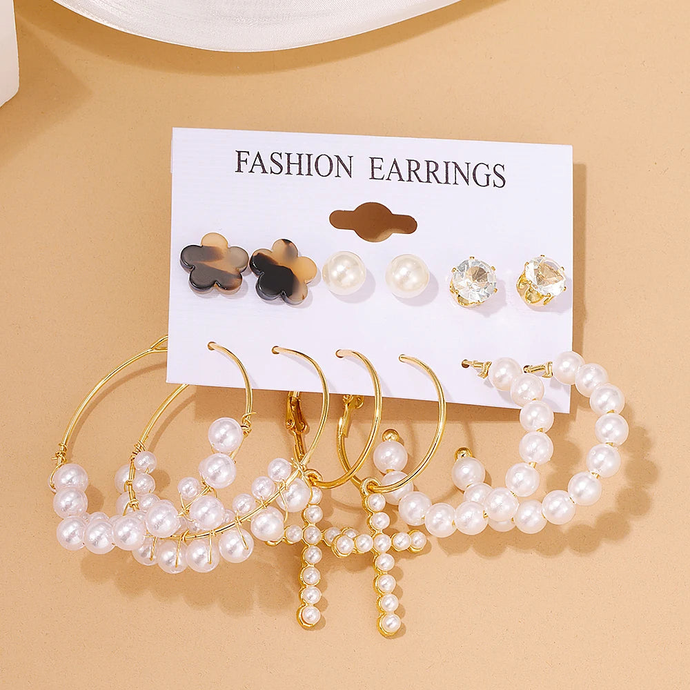 6 pairs delicate alloy earrings with imitation pearl design, retro elegant style, suitable gifts for women