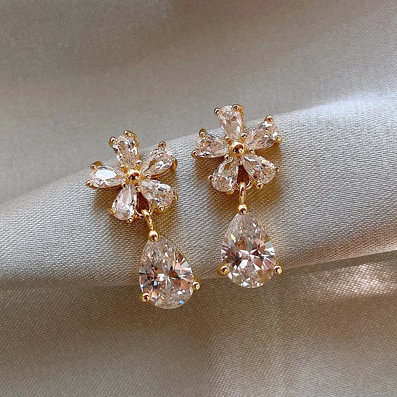 Exquisite Leaves Crystal Flower Stud Earrings For Women AAA Zircon Rose Butterfly Tassel Earring Bride Wedding Party Jewelry