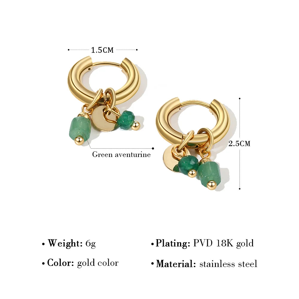 18K Gold Plated Stainless Steel Hoop Earrings for Women Vintage Green Natural Stone Charms Trendy Waterproof Jewelry