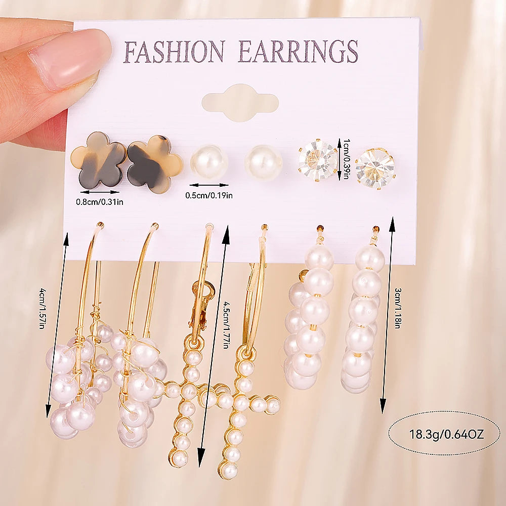 6 pairs delicate alloy earrings with imitation pearl design, retro elegant style, suitable gifts for women