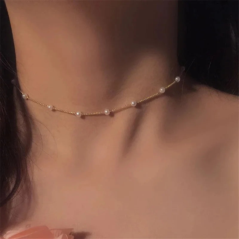 New Beads Women's Neck Chain Kpop Pearl Choker Necklace Gold Color Goth Chocker Jewelry On The Neck Pendant 2025 Collar For Girl