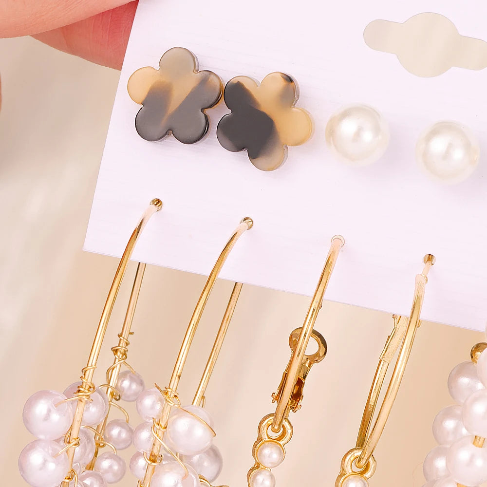 6 pairs delicate alloy earrings with imitation pearl design, retro elegant style, suitable gifts for women