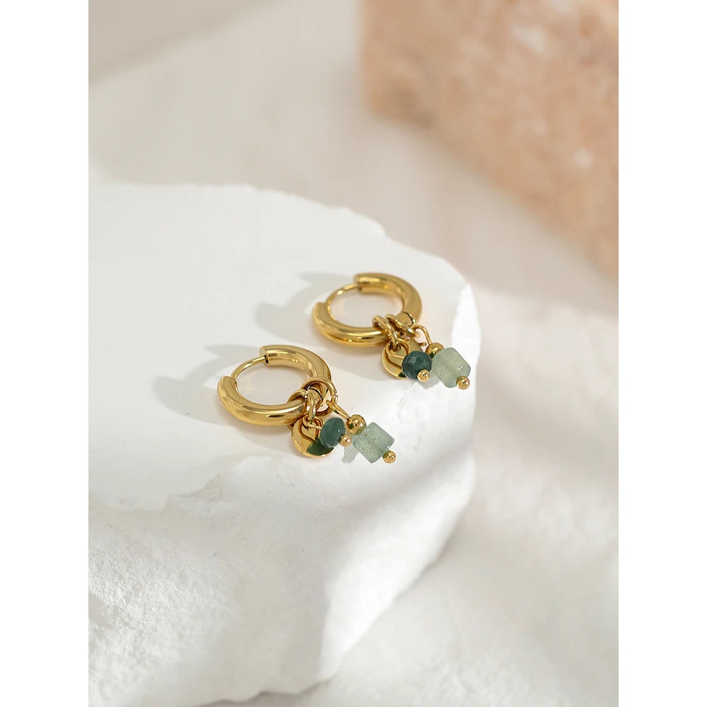 18K Gold Plated Stainless Steel Hoop Earrings for Women Vintage Green Natural Stone Charms Trendy Waterproof Jewelry