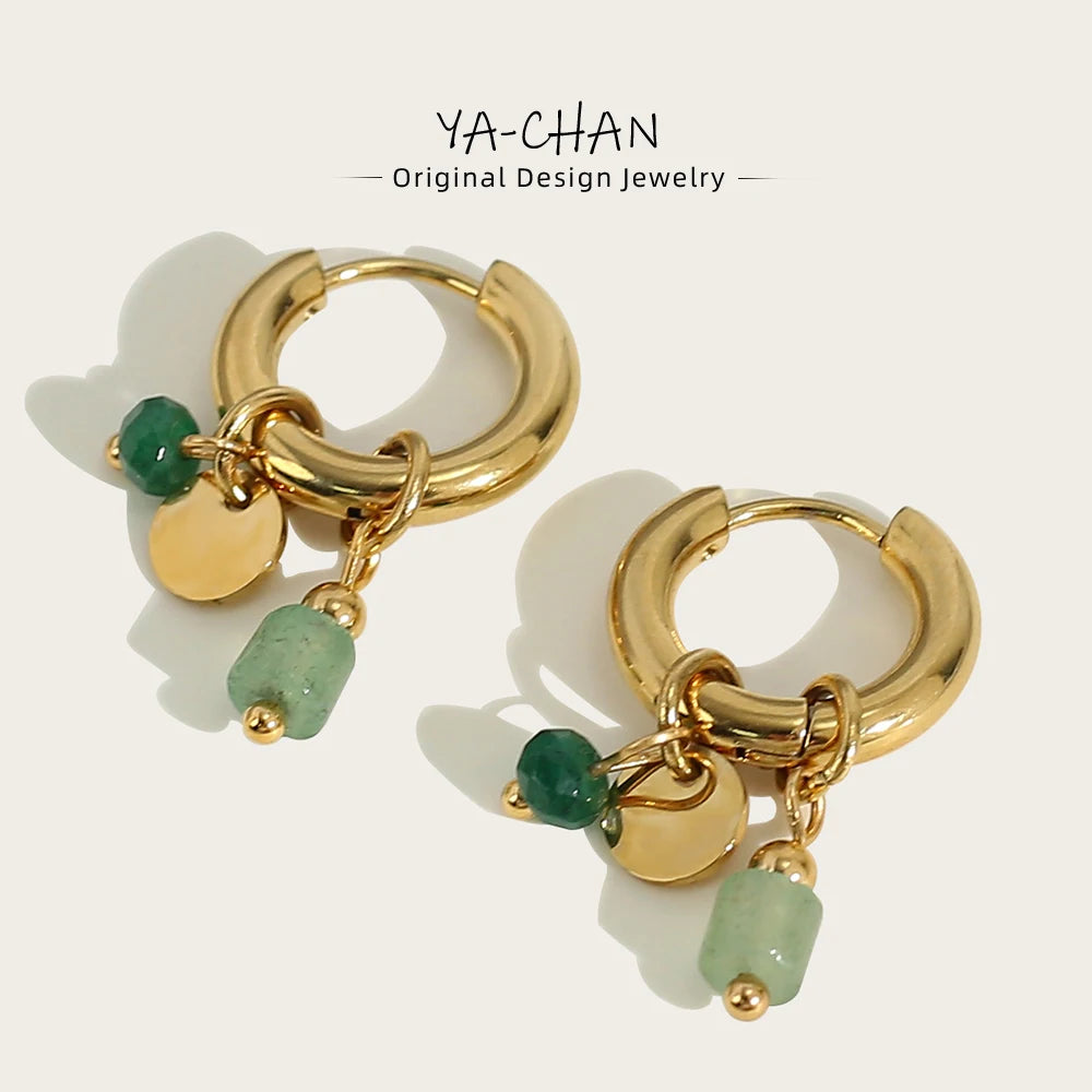 18K Gold Plated Stainless Steel Hoop Earrings for Women Vintage Green Natural Stone Charms Trendy Waterproof Jewelry