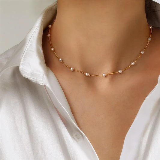 New Beads Women's Neck Chain Kpop Pearl Choker Necklace Gold Color Goth Chocker Jewelry On The Neck Pendant 2025 Collar For Girl